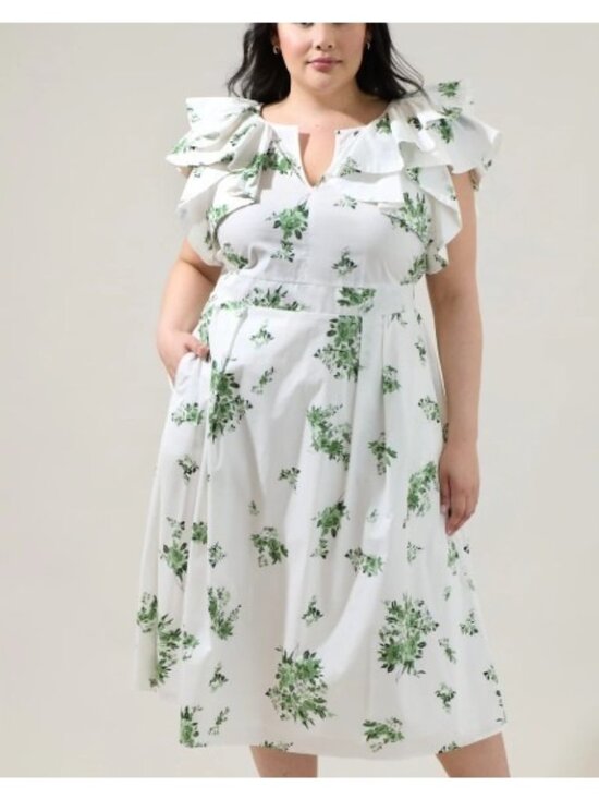 Sugarlips Dresses & Skirts - SugarLips Ria Floral Santana Tie Back Midi Emerald White Dress Plus Size 2X